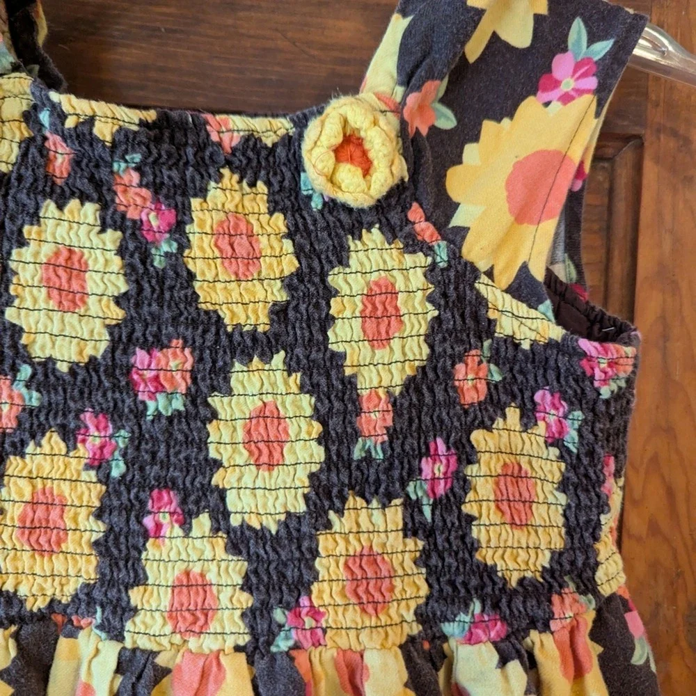 Gymboree Girls Sunflower Print Smocked Tiered Cotton Sundress Brown Yellow Sz 12